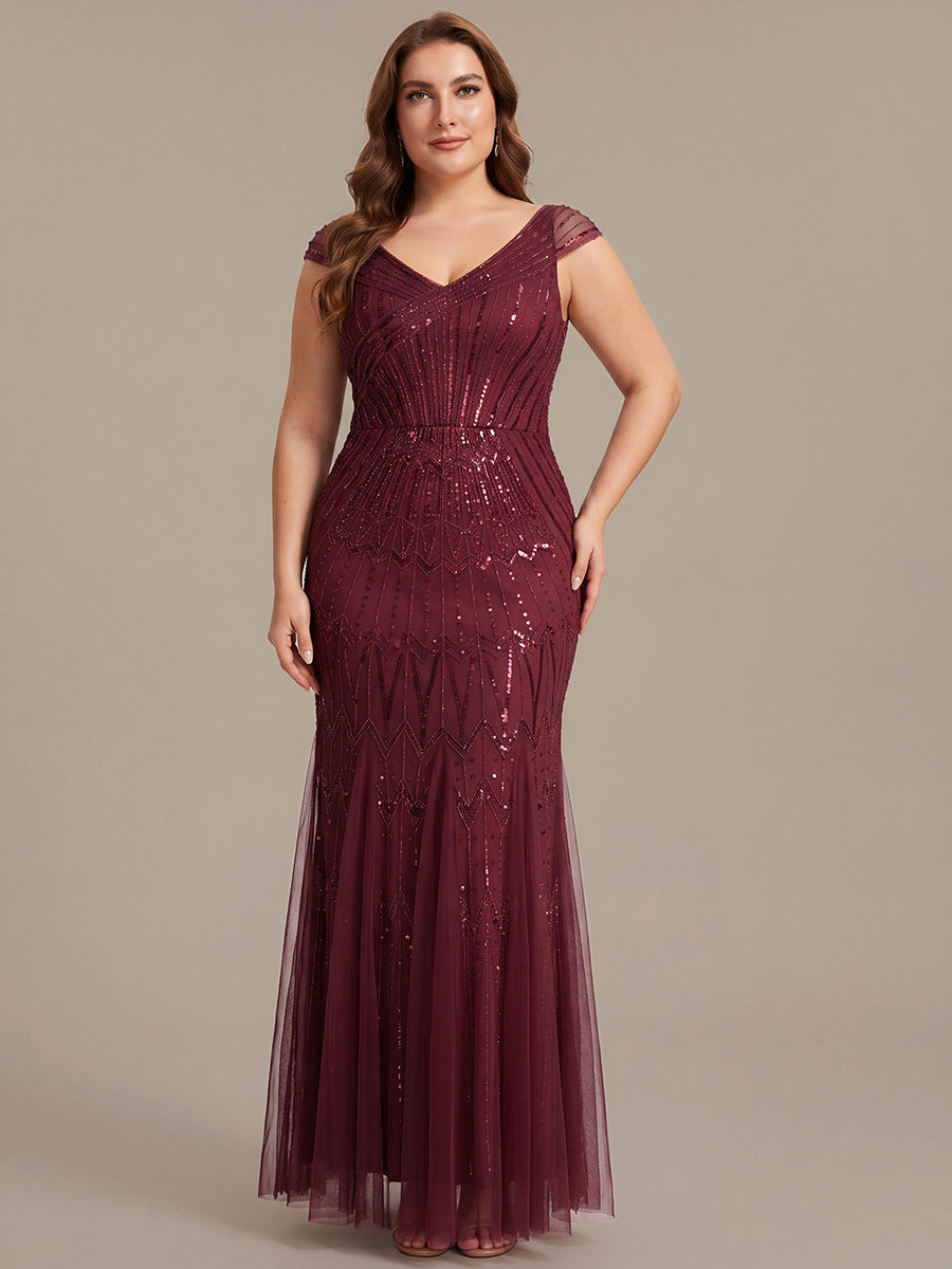 Robe longue sirène élégante à col en V manches courtes et tissu extensible #Couleur_Bordeaux