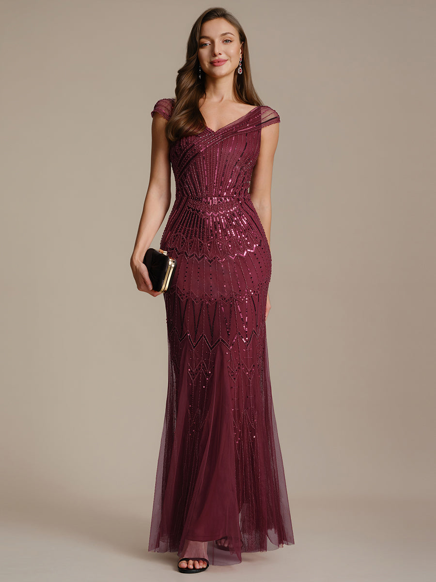 Robe longue sirène élégante à col en V manches courtes et tissu extensible #Couleur_Bordeaux