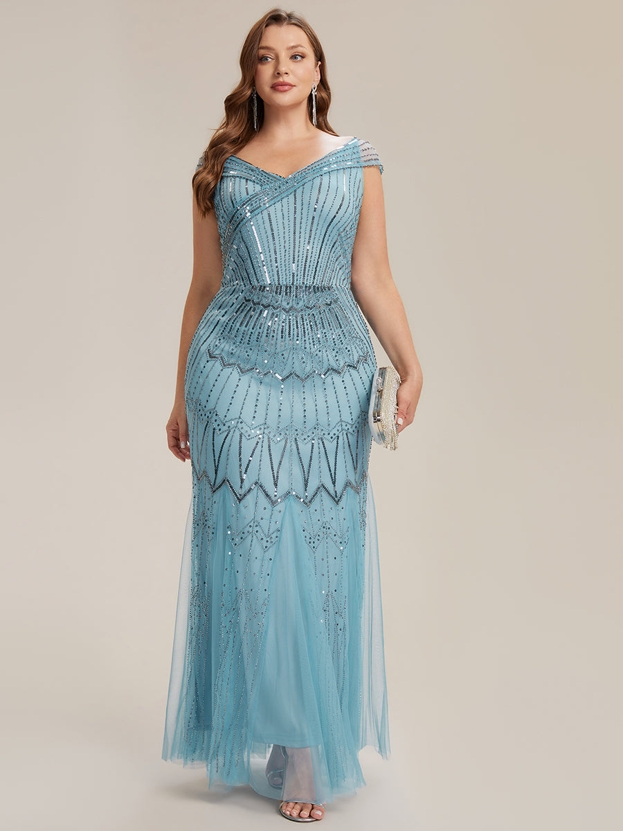 Robe longue sirène élégante à col en V manches courtes et tissu extensible #Couleur_Bleu Ciel