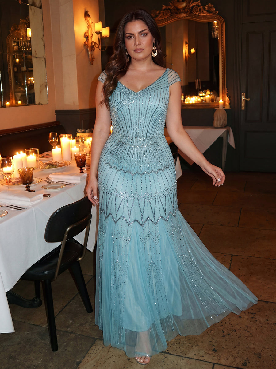 Robe longue sirène élégante à col en V manches courtes et tissu extensible #Couleur_Bleu Ciel