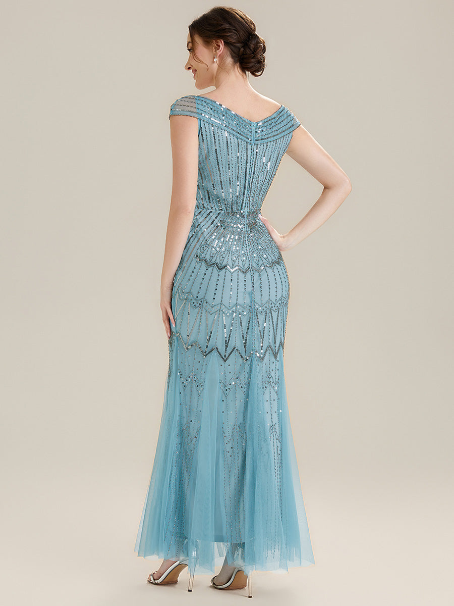 Robe longue sirène élégante à col en V manches courtes et tissu extensible #Couleur_Bleu Ciel