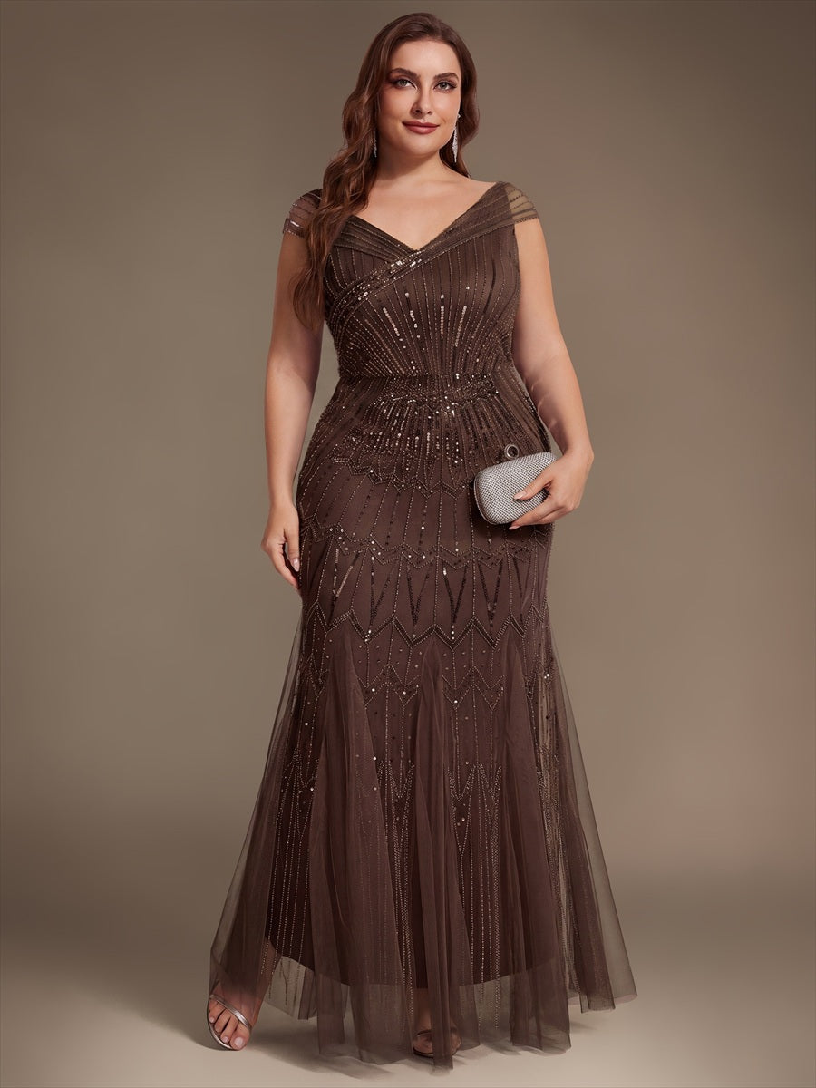 Robe longue sirène élégante à col en V manches courtes et tissu extensible #Couleur_Braun