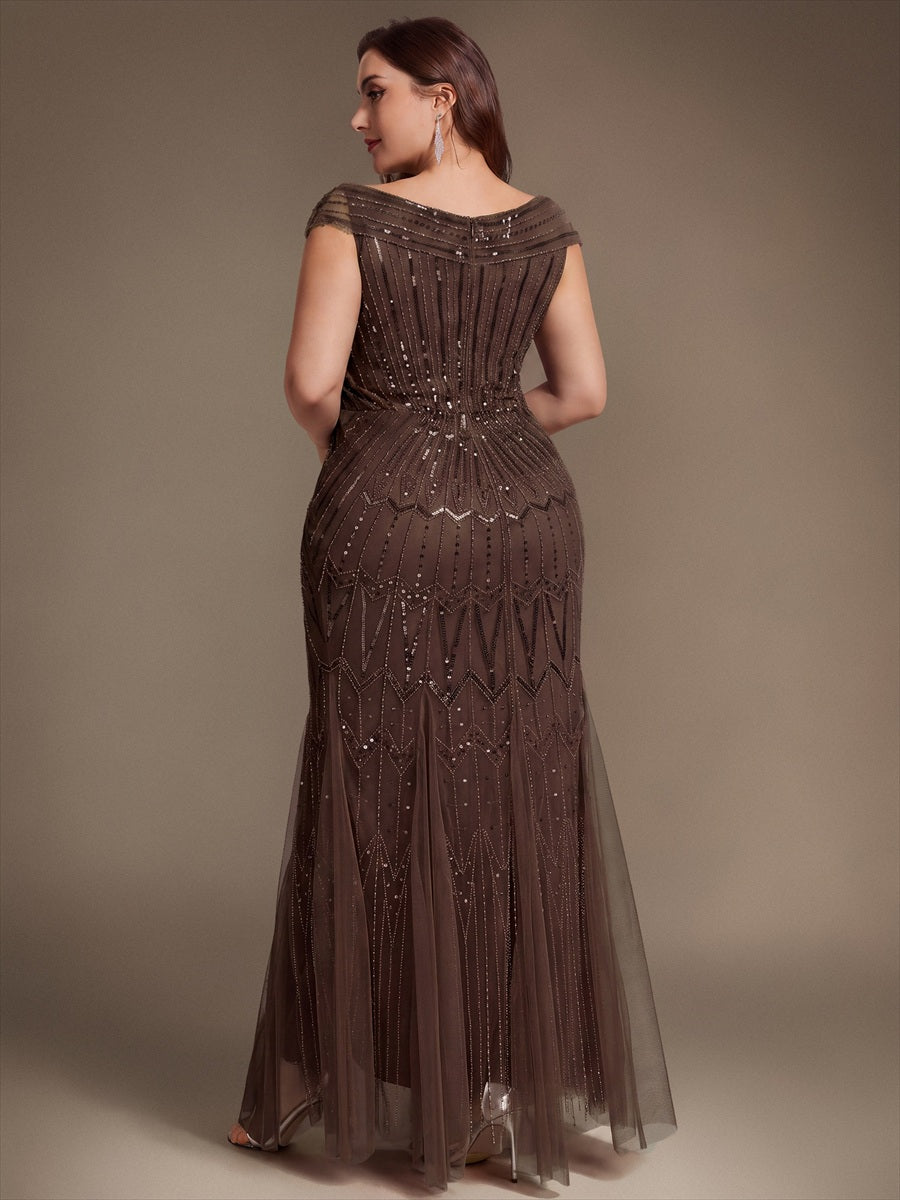 Robe longue sirène élégante à col en V manches courtes et tissu extensible #Couleur_Braun