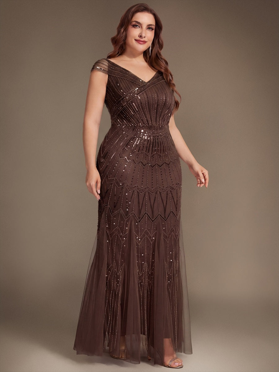 Robe longue sirène élégante à col en V manches courtes et tissu extensible #Couleur_Braun