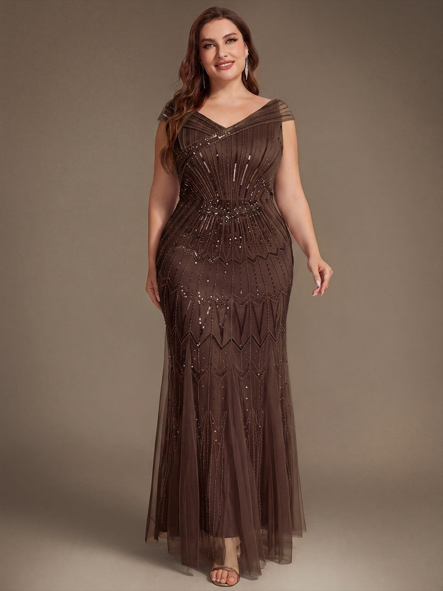 Robe longue sirène élégante à col en V manches courtes et tissu extensible #Couleur_Braun