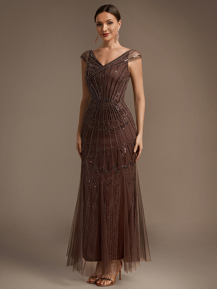 Robe longue sirène élégante à col en V manches courtes et tissu extensible #Couleur_Braun
