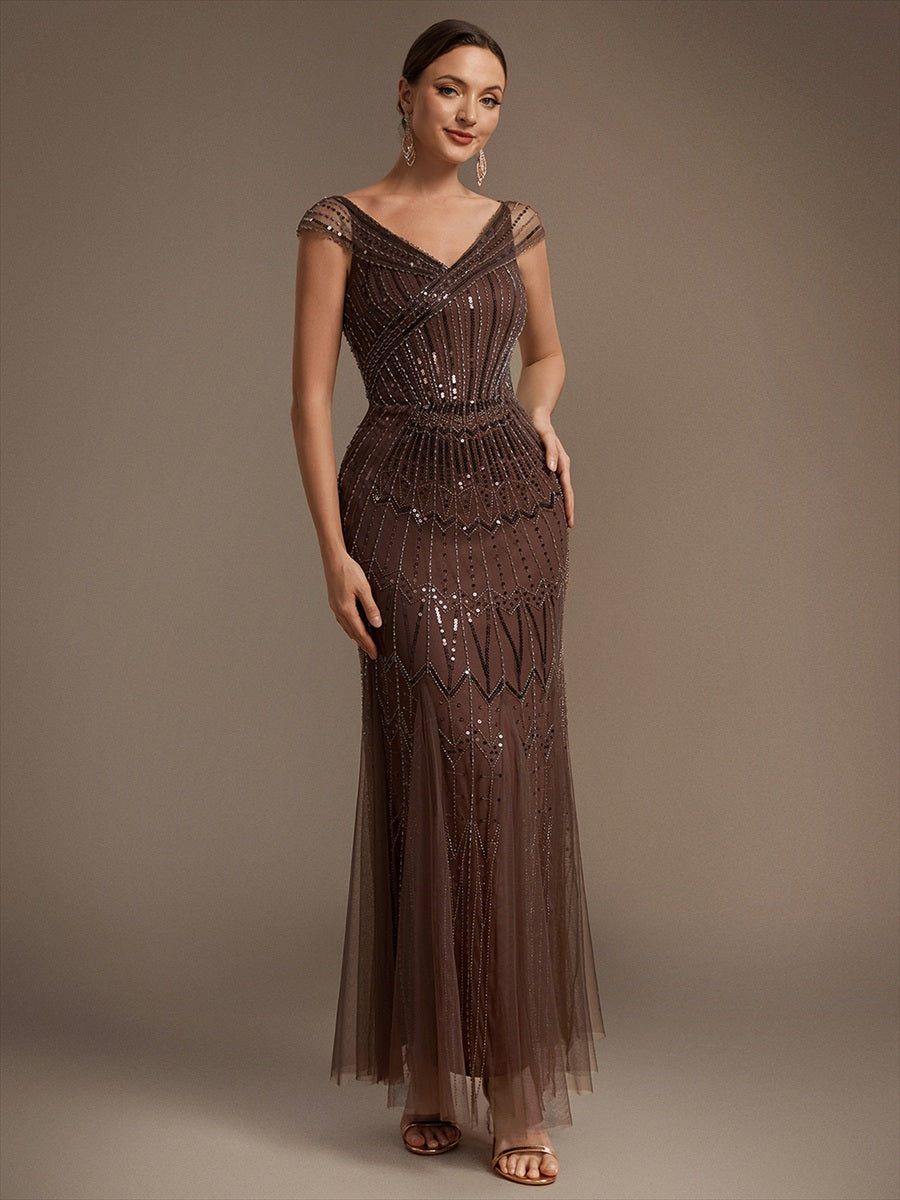 Robe longue sirène élégante à col en V manches courtes et tissu extensible #Couleur_Braun