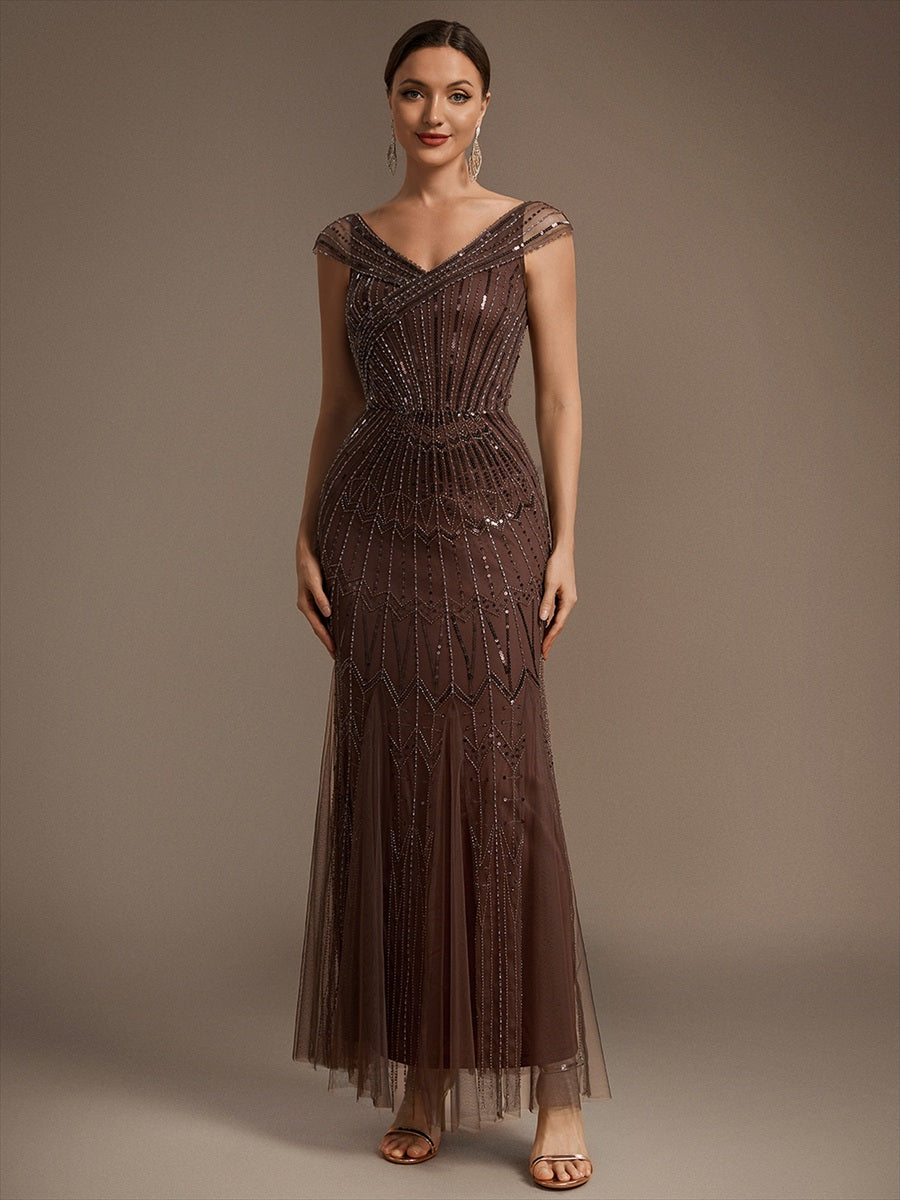 Robe longue sirène élégante à col en V manches courtes et tissu extensible #Couleur_Braun