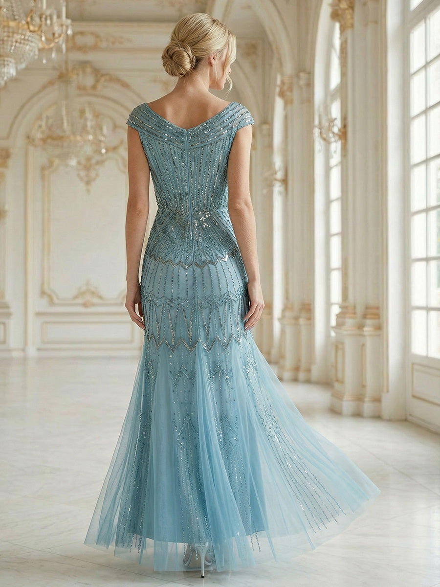 Robe longue sirène brodée à épaules dénudées et manches courtes #Couleur_Bleu Ciel