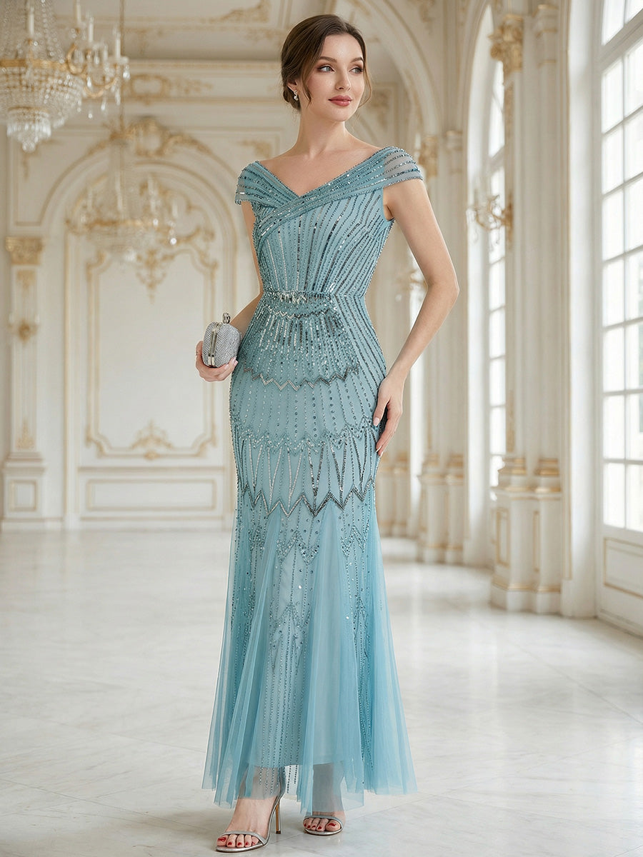 Robe longue sirène brodée à épaules dénudées et manches courtes #Couleur_Bleu Ciel