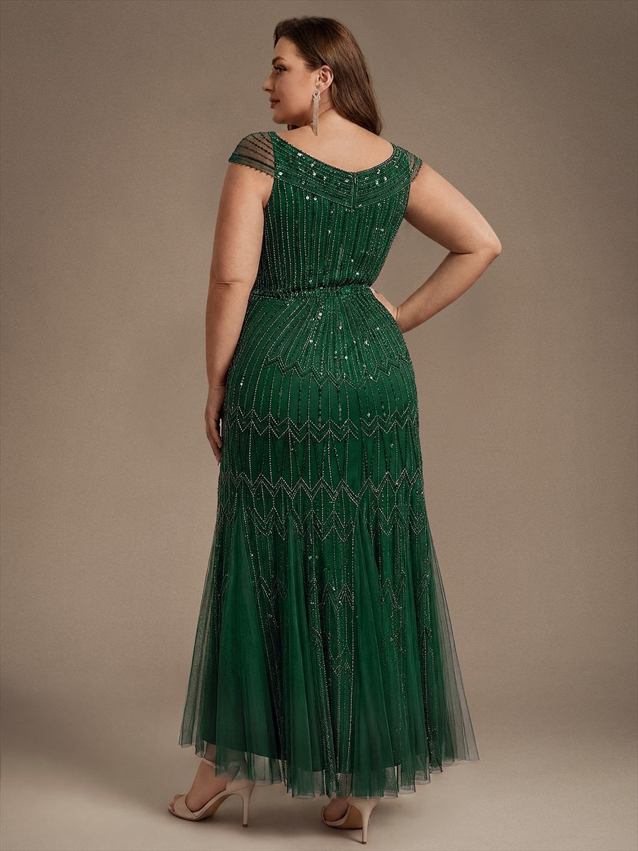 Robe longue sirène élégante à col en V manches courtes et tissu extensible #Couleur_Vert Fonce