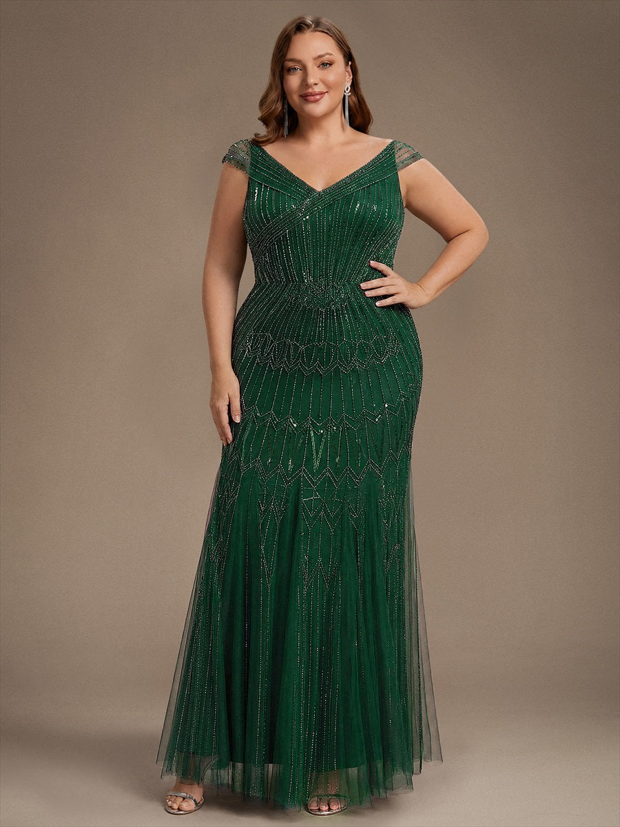 Robe longue sirène élégante à col en V manches courtes et tissu extensible #Couleur_Vert Fonce