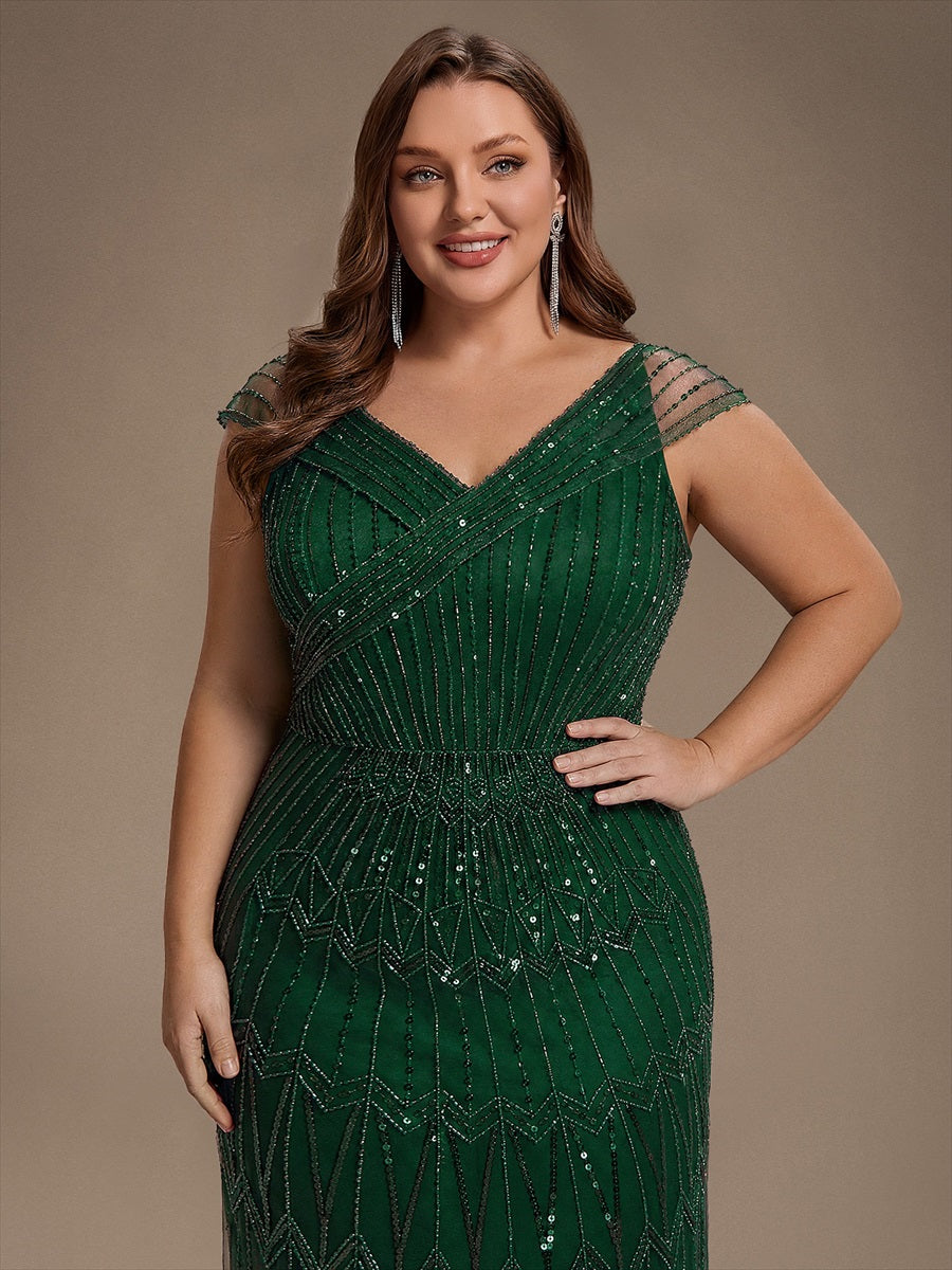 Robe longue sirène élégante à col en V manches courtes et tissu extensible #Couleur_Vert Fonce