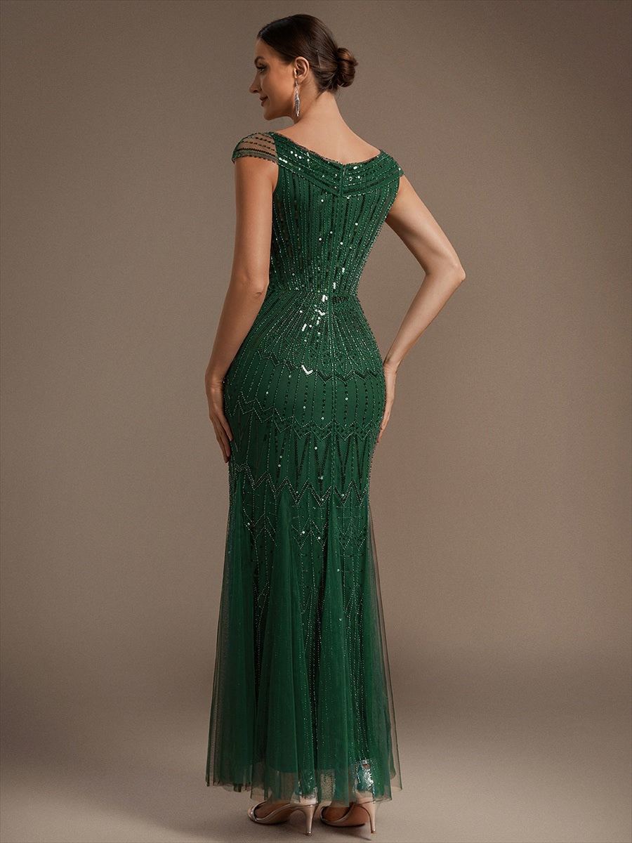 Robe longue sirène élégante à col en V manches courtes et tissu extensible #Couleur_Vert Fonce