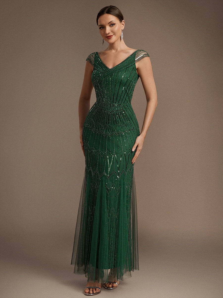Robe longue sirène élégante à col en V manches courtes et tissu extensible #Couleur_Vert Fonce