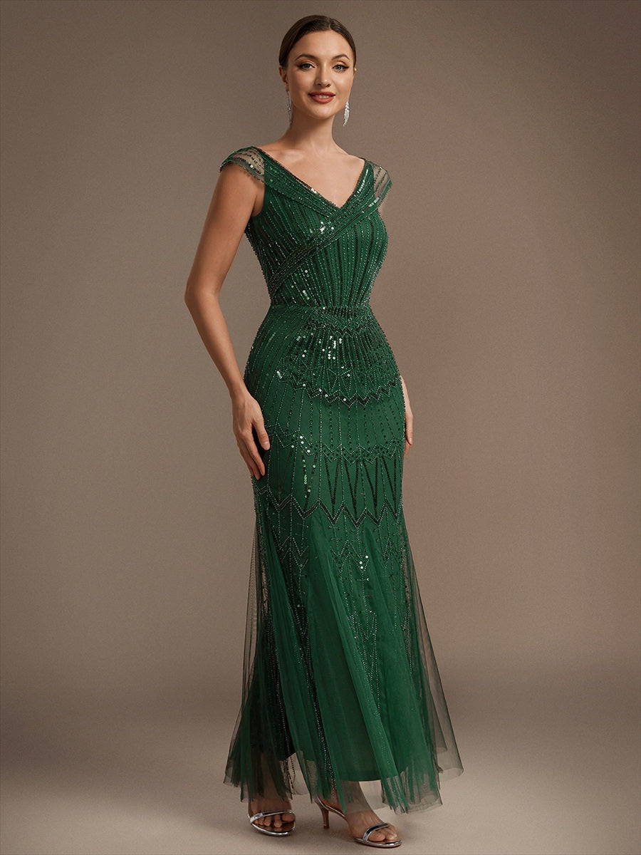 Robe longue sirène élégante à col en V manches courtes et tissu extensible #Couleur_Vert Fonce