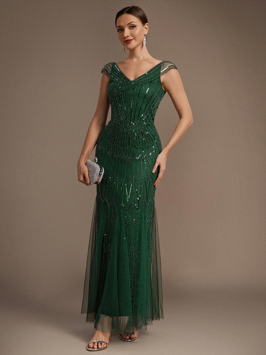 Robe longue sirène élégante à col en V manches courtes et tissu extensible #Couleur_Vert Fonce