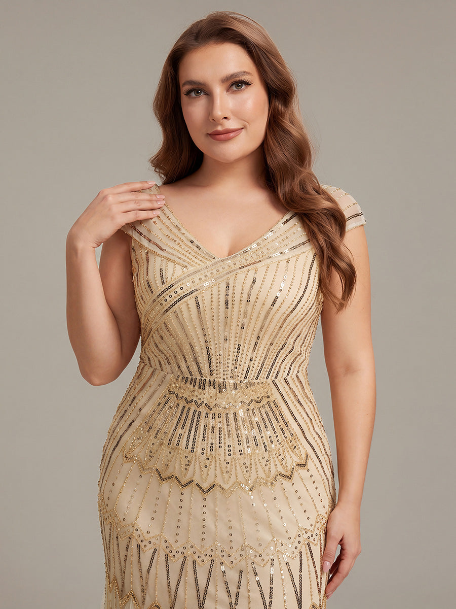 Robe longue sirène élégante à col en V manches courtes et tissu extensible #Couleur_Dorée