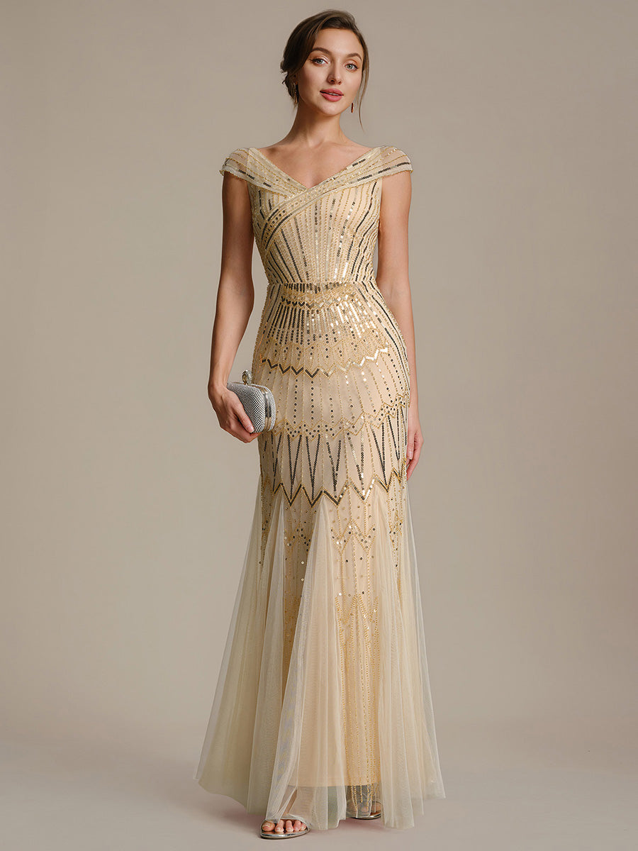 Robe longue sirène élégante à col en V manches courtes et tissu extensible #Couleur_Dorée