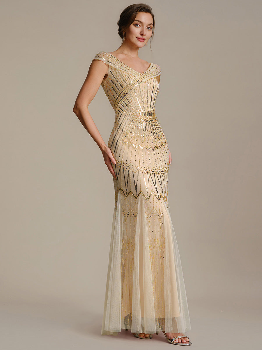 Robe longue sirène élégante à col en V manches courtes et tissu extensible #Couleur_Dorée