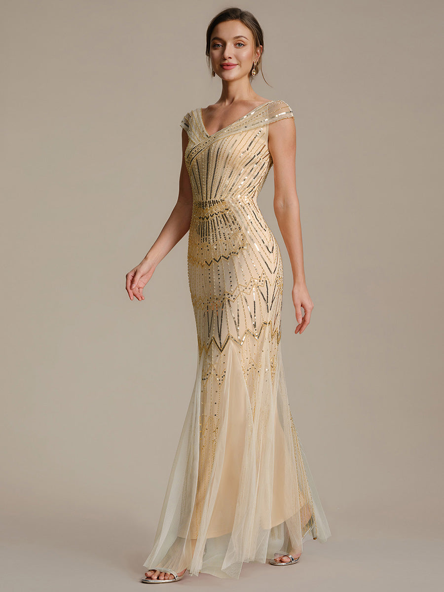 Robe longue sirène élégante à col en V manches courtes et tissu extensible #Couleur_Dorée