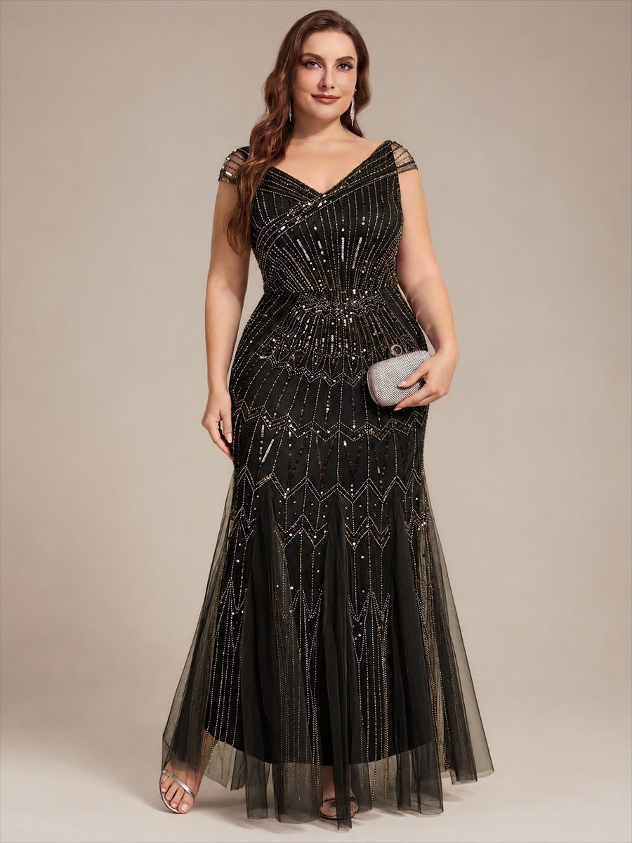 Robe longue sirène élégante à col en V manches courtes et tissu extensible #Couleur_Noir & Or