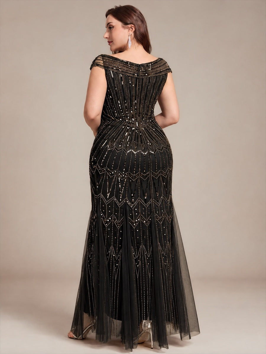 Robe longue sirène élégante à col en V manches courtes et tissu extensible #Couleur_Noir & Or