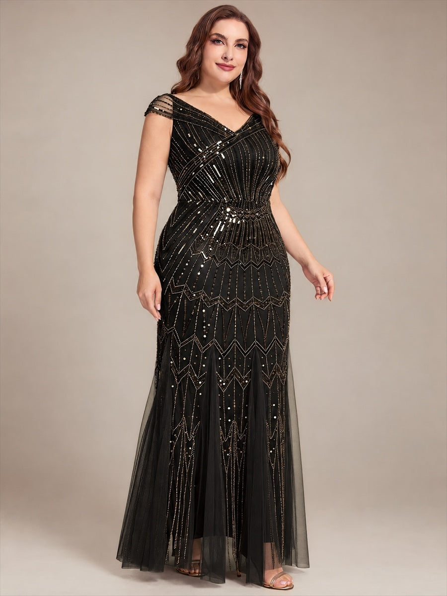 Robe longue sirène élégante à col en V manches courtes et tissu extensible #Couleur_Noir & Or
