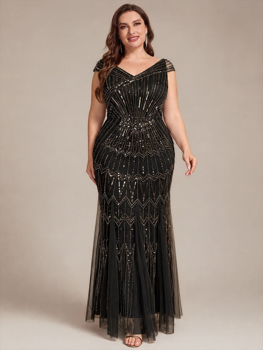 Robe longue sirène élégante à col en V manches courtes et tissu extensible #Couleur_Noir & Or