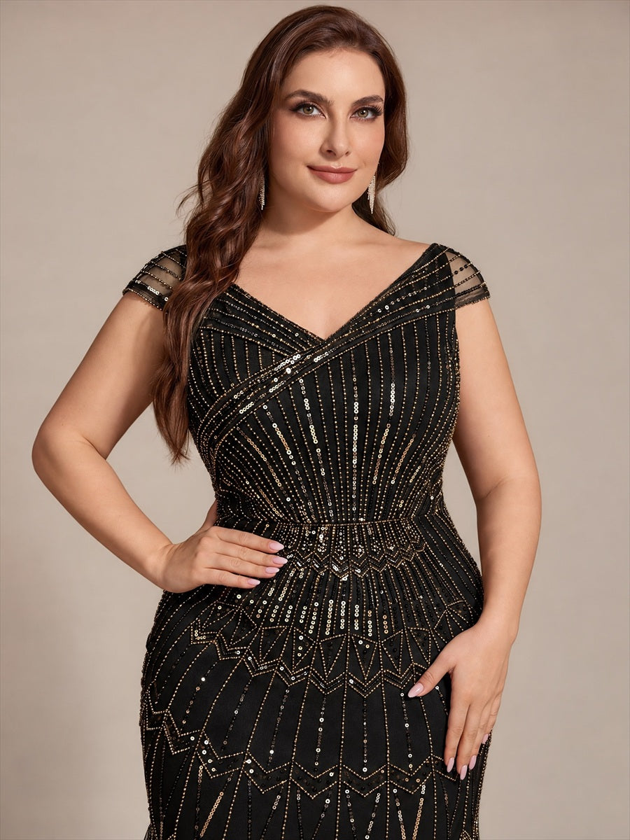 Robe longue sirène élégante à col en V manches courtes et tissu extensible #Couleur_Noir & Or