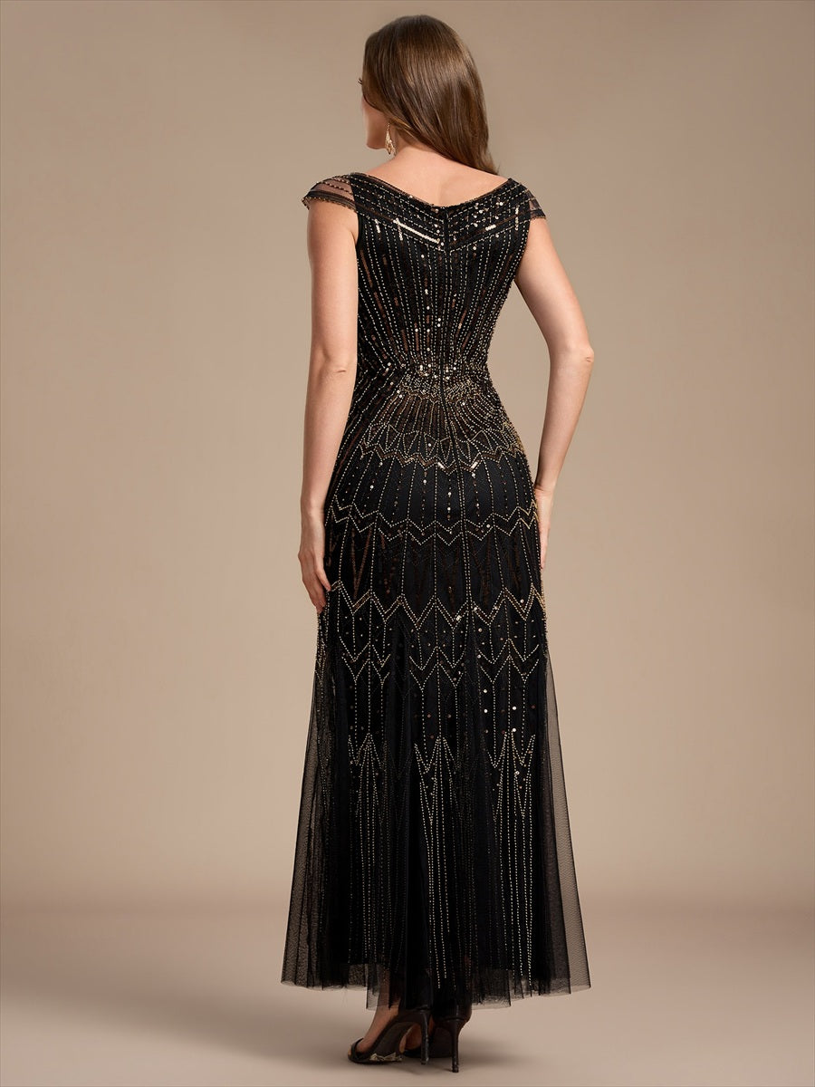 Robe longue sirène élégante à col en V manches courtes et tissu extensible #Couleur_Noir & Or