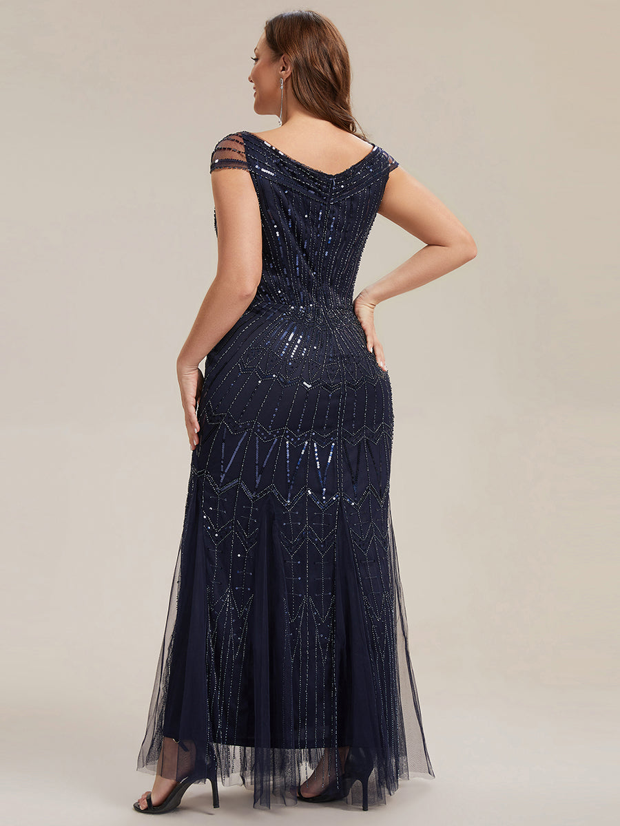 Robe longue sirène élégante à col en V manches courtes et tissu extensible #Couleur_Bleu Marine