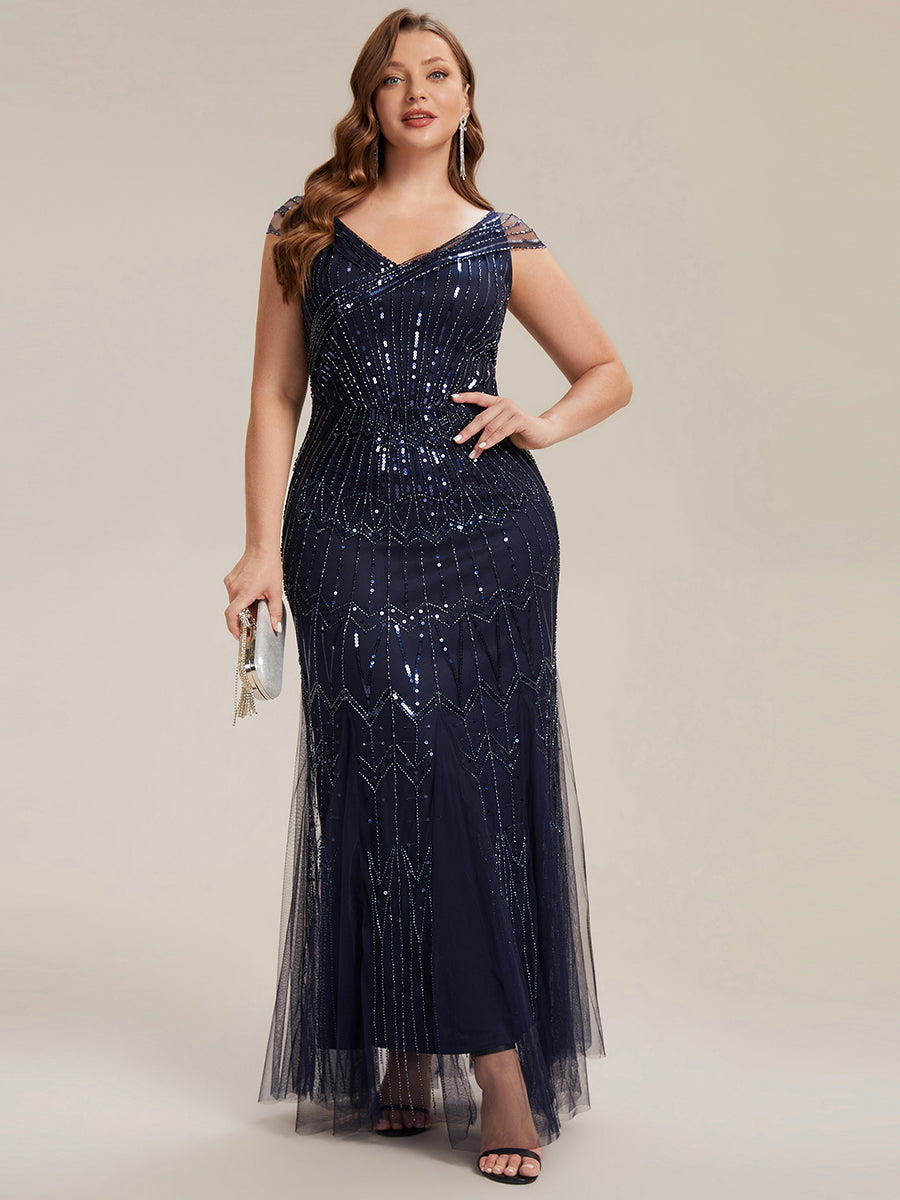Robe longue sirène élégante à col en V manches courtes et tissu extensible #Couleur_Bleu Marine