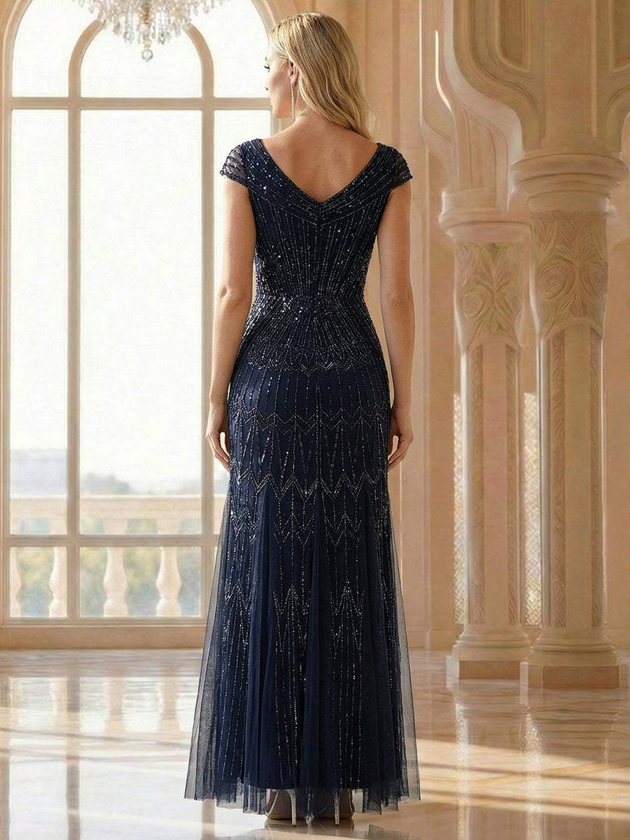 Robe longue sirène brodée à épaules dénudées et manches courtes #Couleur_Bleu Marine