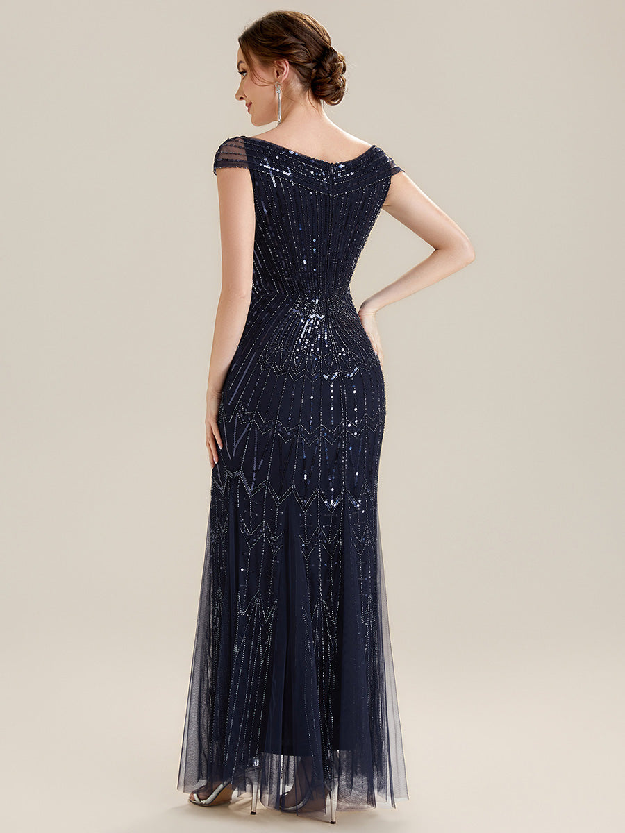 Robe longue sirène élégante à col en V manches courtes et tissu extensible #Couleur_Bleu Marine
