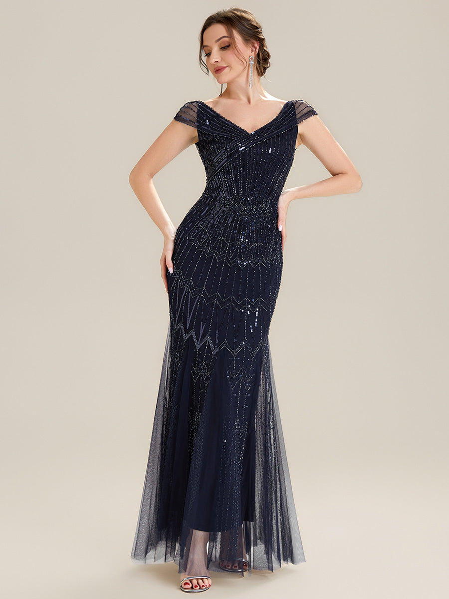 Robe longue sirène élégante à col en V manches courtes et tissu extensible #Couleur_Bleu Marine