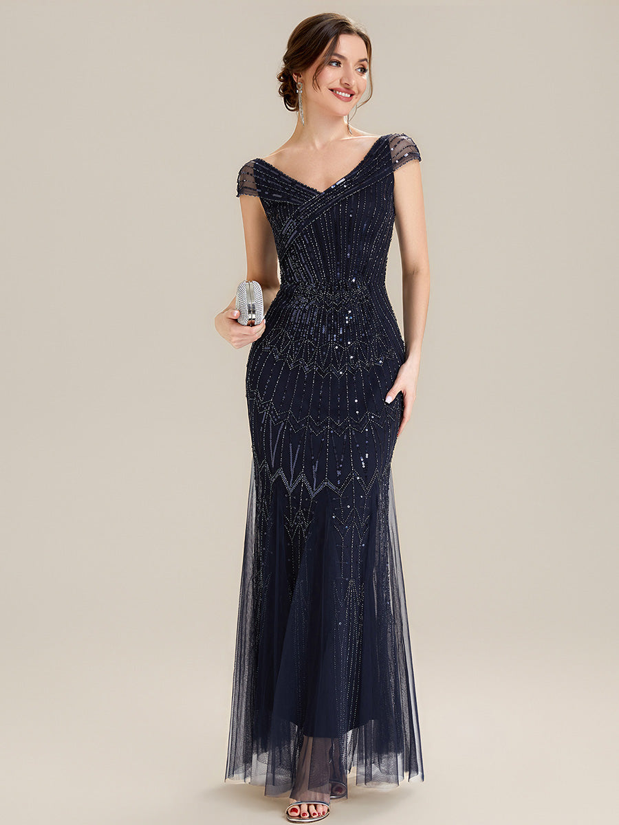 Robe longue sirène élégante à col en V manches courtes et tissu extensible #Couleur_Bleu Marine