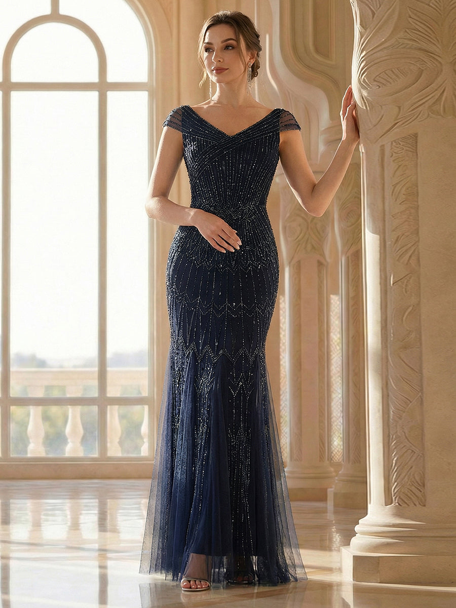 Robe longue sirène brodée à épaules dénudées et manches courtes #Couleur_Bleu Marine
