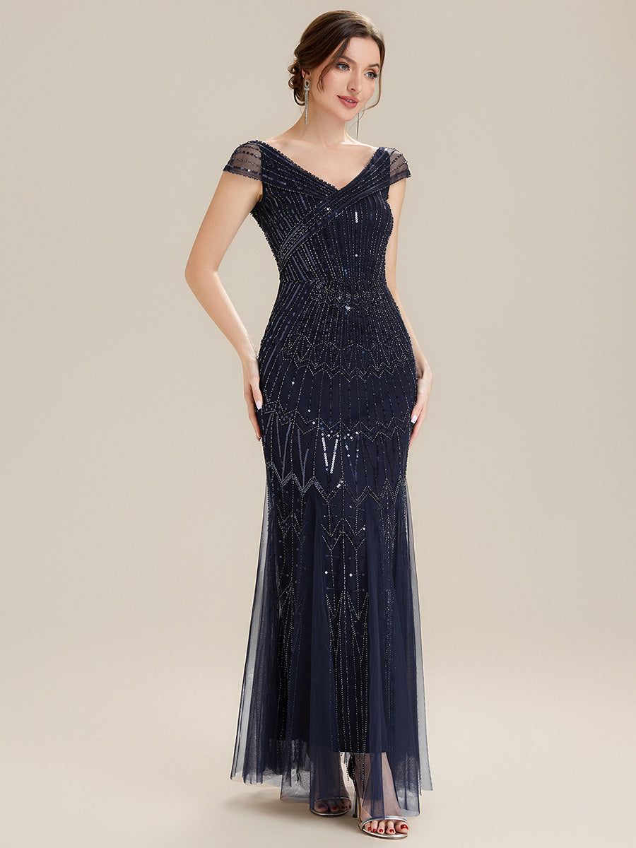 Robe longue sirène élégante à col en V manches courtes et tissu extensible #Couleur_Bleu Marine