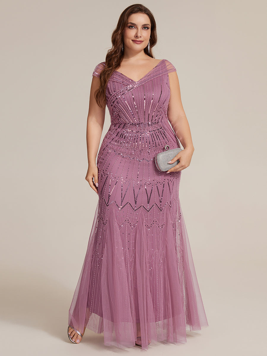 Robe longue sirène élégante à col en V manches courtes et tissu extensible #Couleur_Orchidee