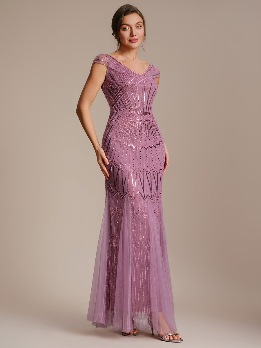 Robe longue sirène élégante à col en V manches courtes et tissu extensible #Couleur_Orchidee