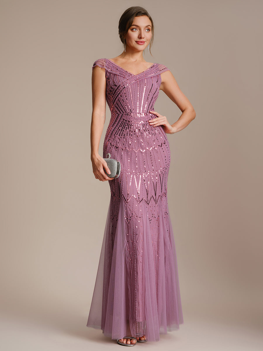 Robe longue sirène élégante à col en V manches courtes et tissu extensible #Couleur_Orchidee