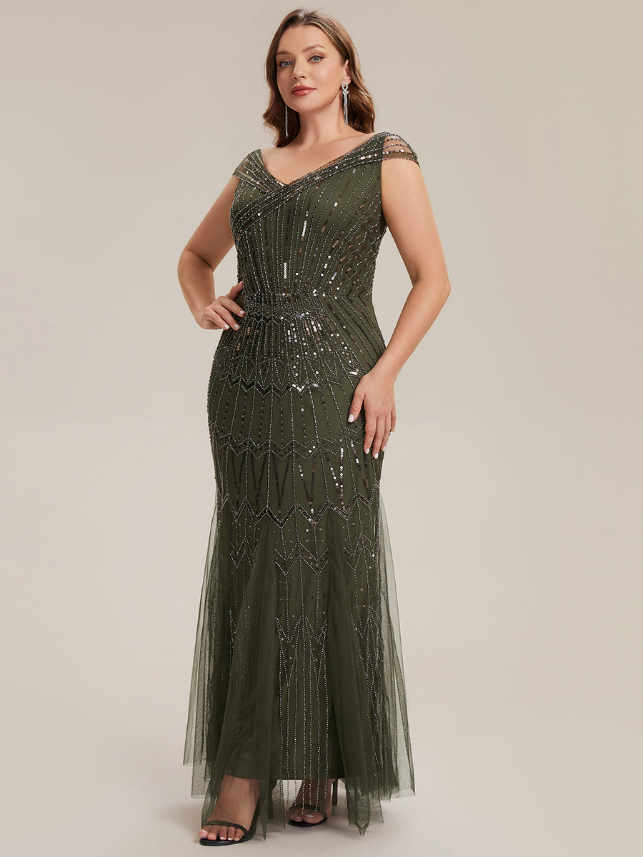Robe longue sirène élégante à col en V manches courtes et tissu extensible #Couleur_Vert Olive