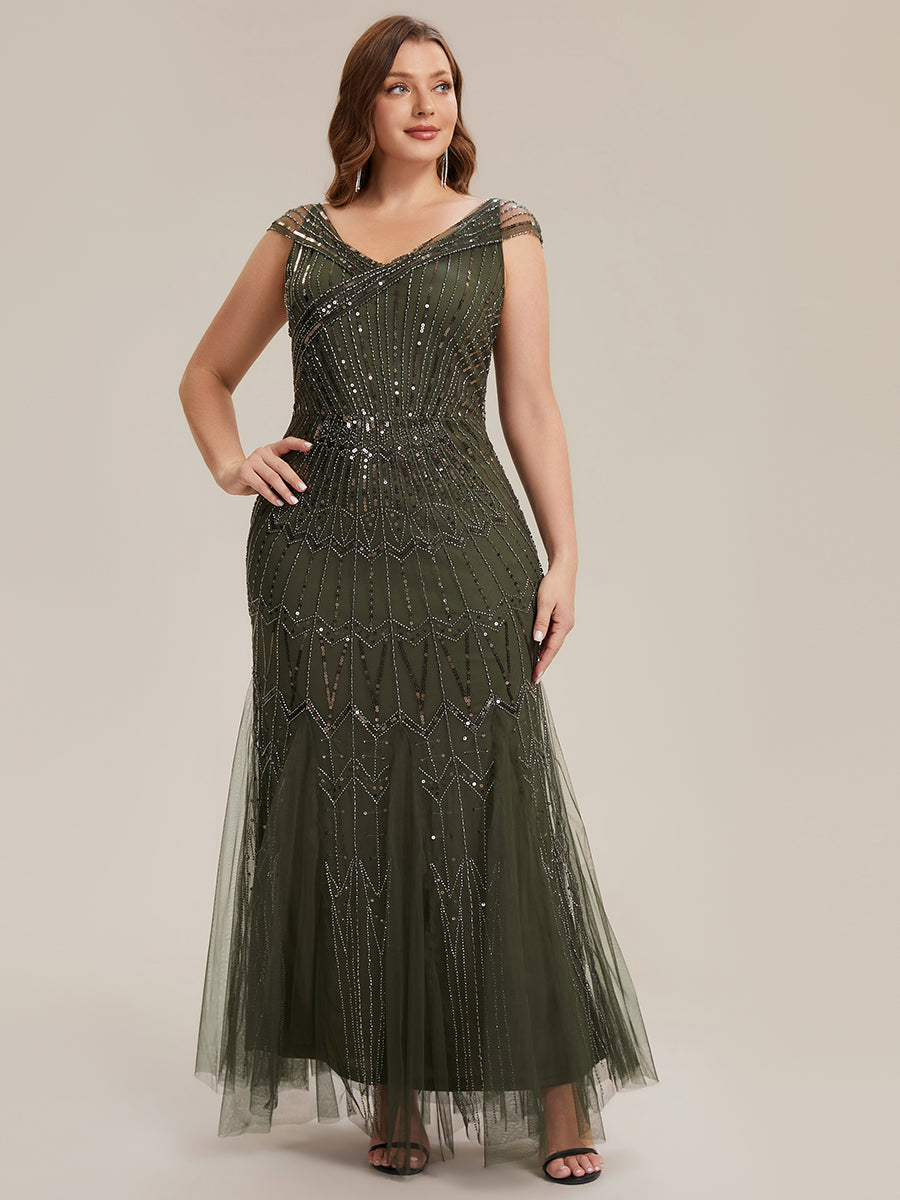 Robe longue sirène élégante à col en V manches courtes et tissu extensible #Couleur_Vert Olive