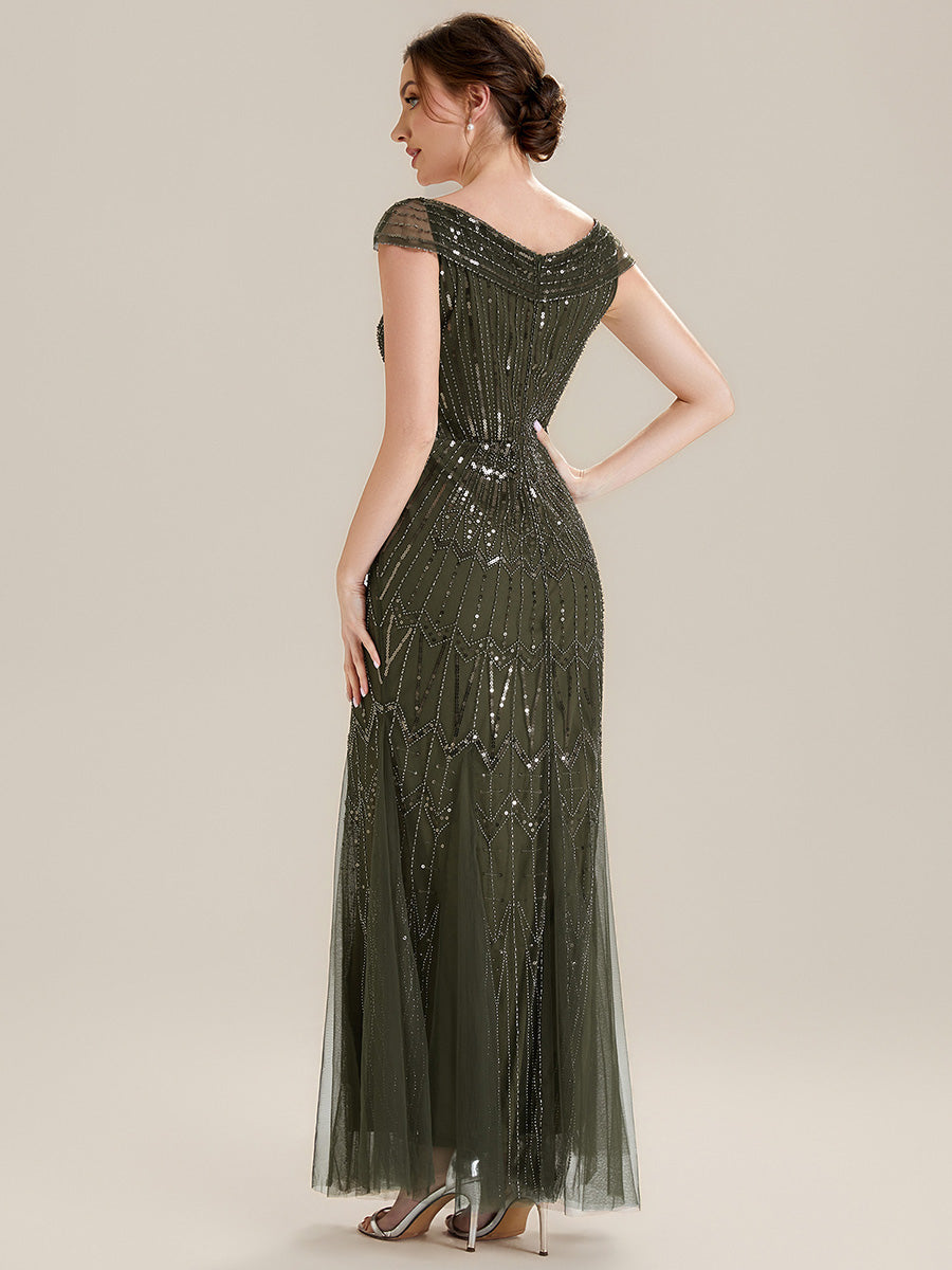 Robe longue sirène élégante à col en V manches courtes et tissu extensible #Couleur_Vert Olive