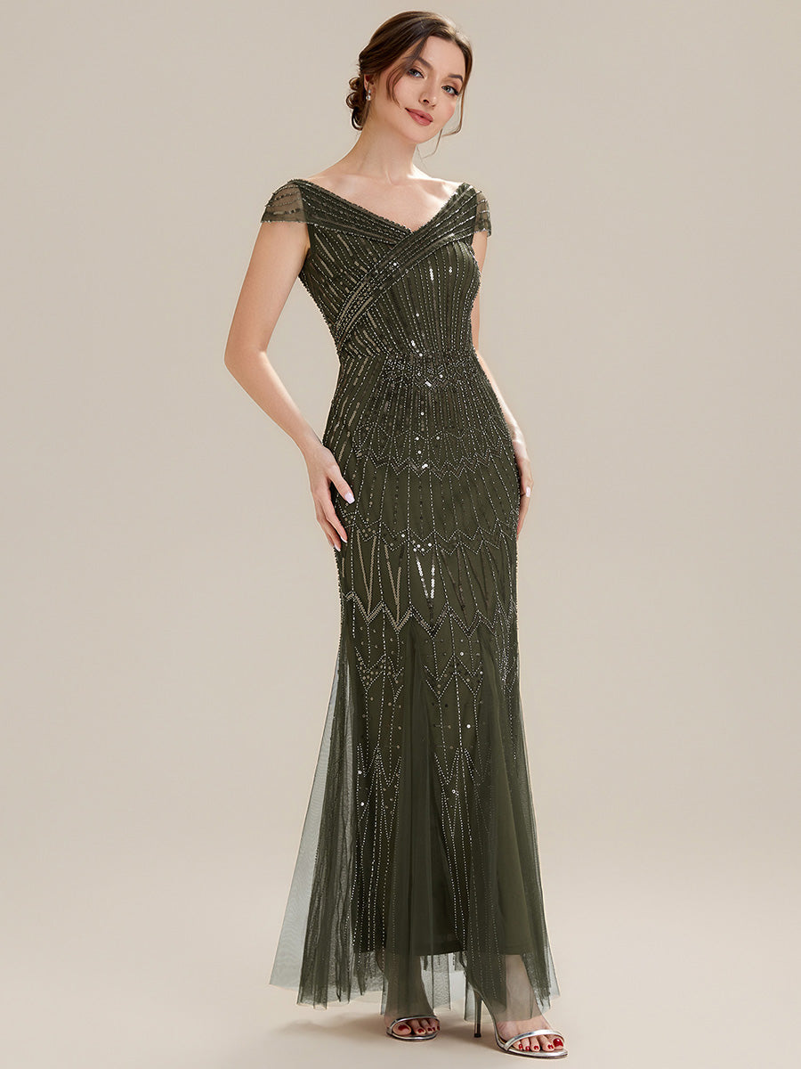 Robe longue sirène élégante à col en V manches courtes et tissu extensible #Couleur_Vert Olive