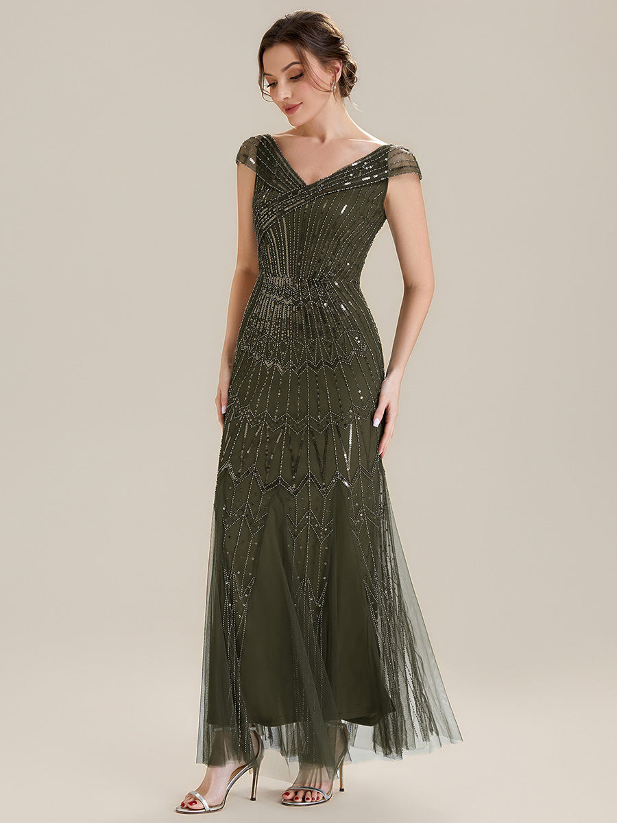 Robe longue sirène élégante à col en V manches courtes et tissu extensible #Couleur_Vert Olive