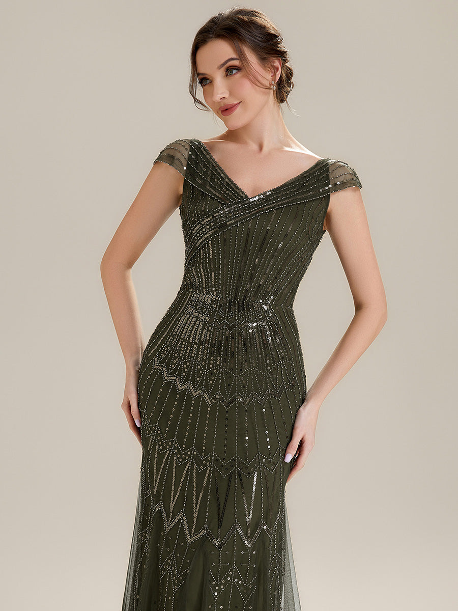 Robe longue sirène brodée à épaules dénudées et manches courtes #Couleur_Vert Olive