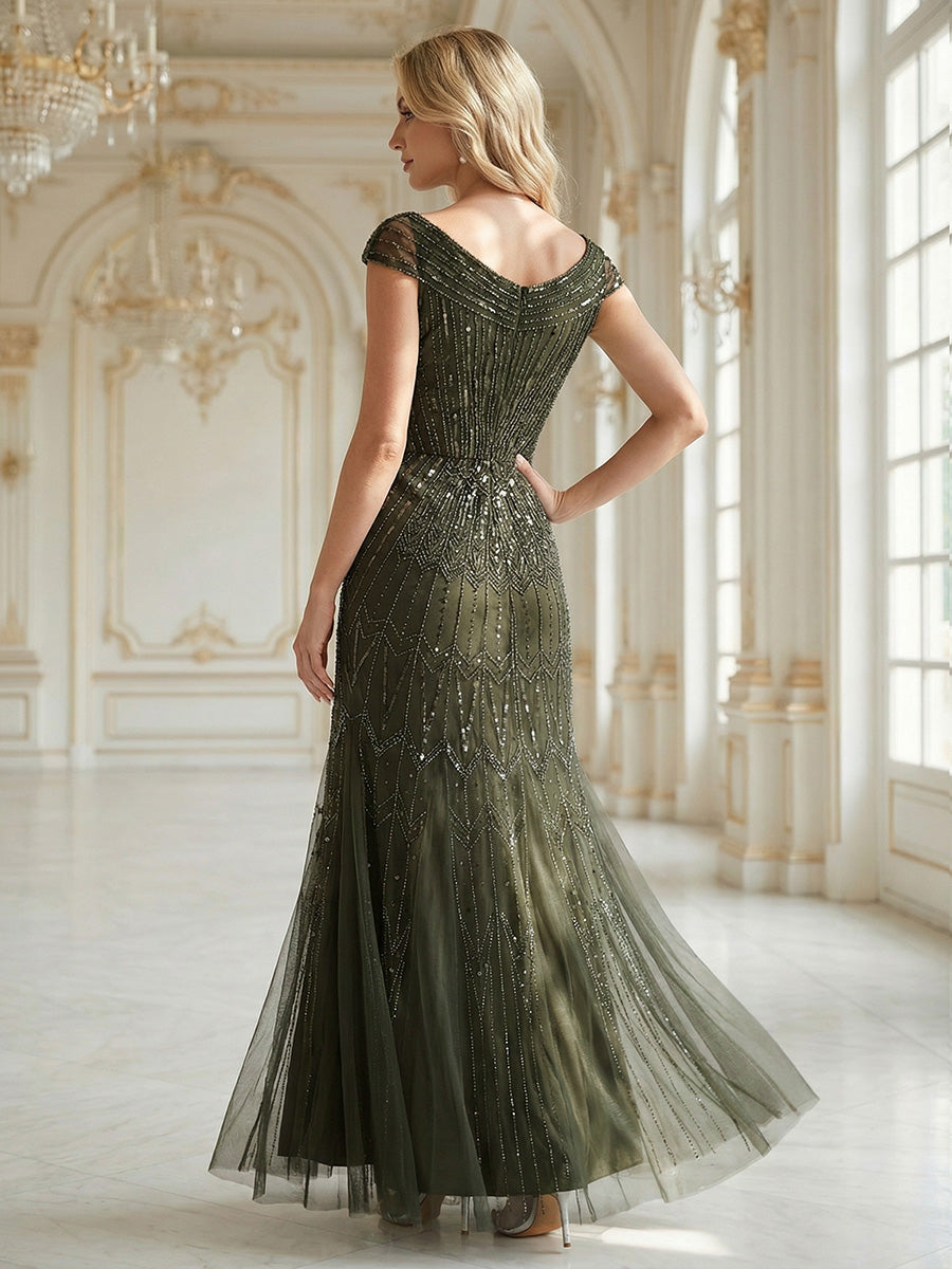 Robe longue sirène brodée à épaules dénudées et manches courtes #Couleur_Vert Olive