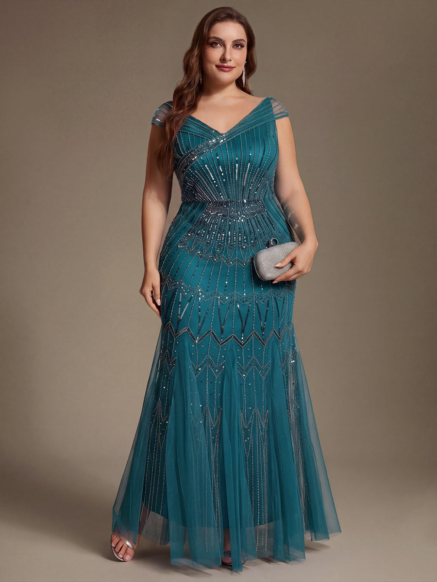 Robe longue sirène élégante à col en V manches courtes et tissu extensible #Couleur_Bleu Sarcelle
